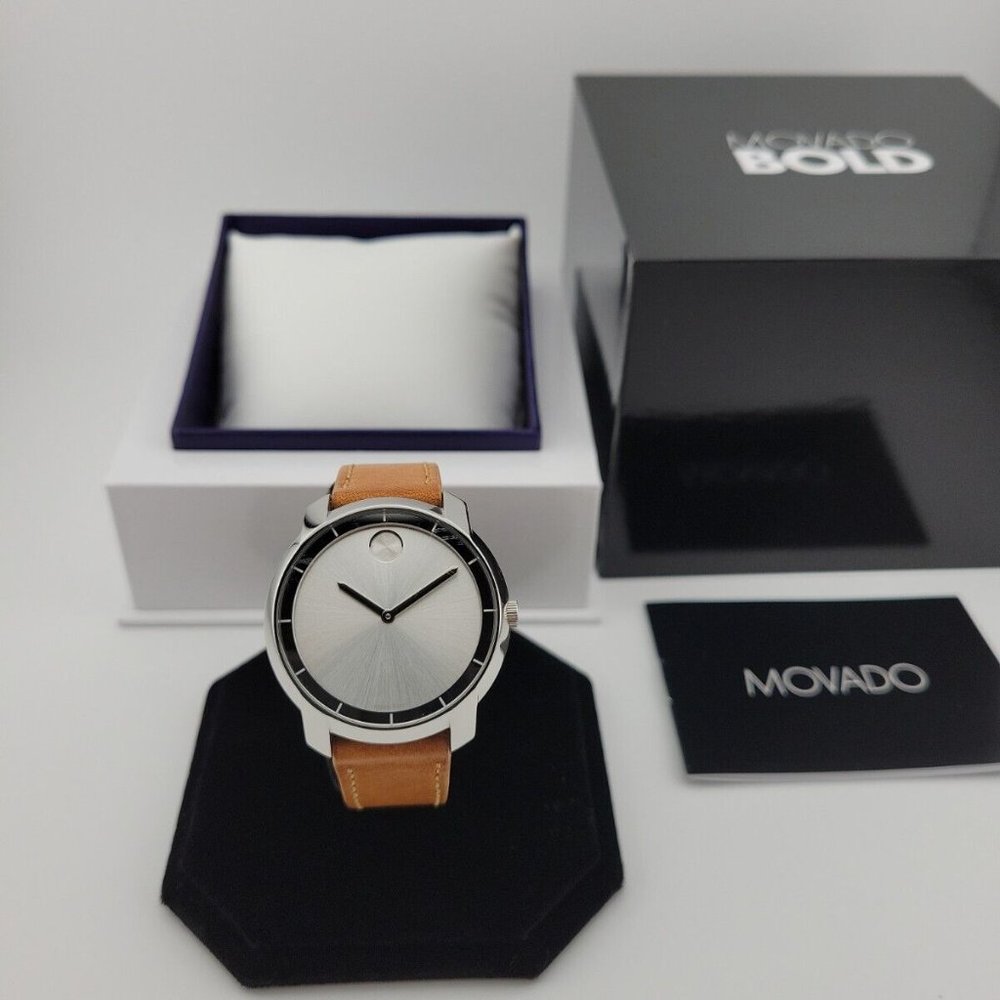Mint! New Movado Silver Ladies Brown Leather Strap Watch